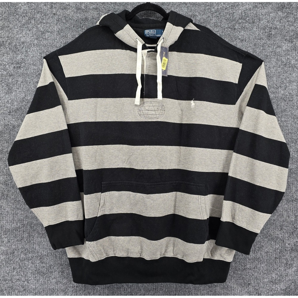 Polo Ralph Lauren Rugby Hoodie Mens 3XL Black Gray Striped Heritage Preppy NWT
